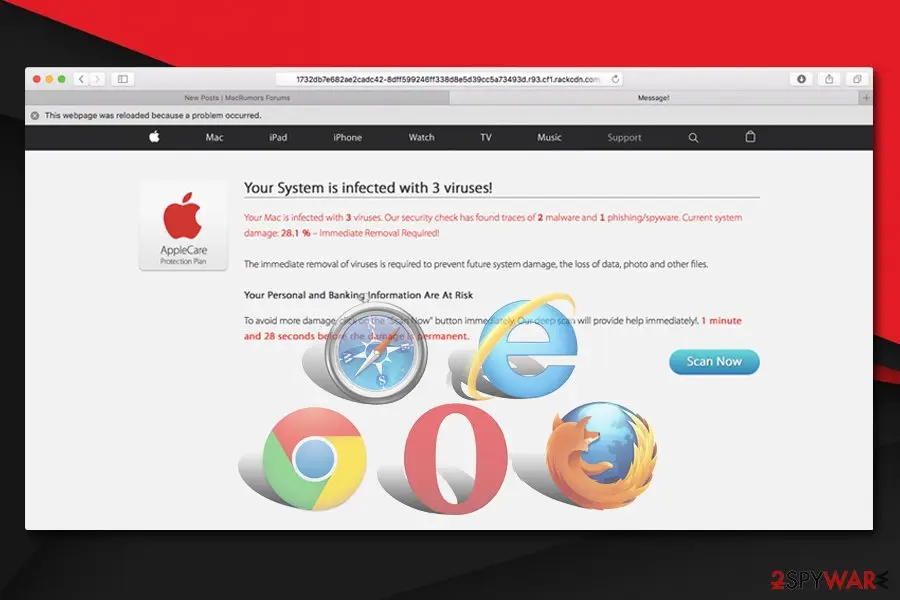 A fake Apple page in a Mac browser at a long rackcdn.com address with a notice This webpage was reloaded because a problem occurred, the headline Your System is infected with 3 viruses, an AppleCare Protection Plan badge, the text 28.1% and a teal Scan Now button, with logos of Safari, Internet Explorer, Chrome, Opera and Firefox laid over it