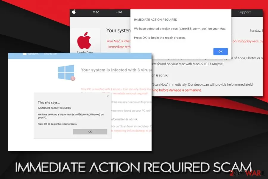 Two overlapping fake alerts: a Mac page with an Apple logo and AppleCare Protection Plan badge, topped by a pop-up reading IMMEDIATE ACTION REQUIRED, We have detected a trojan virus (e.tre456_worm_osx) on your Mac, with an OK button; in front of it a Windows version with a Windows Security Scan header and a This site says box naming e.tre456_worm_Windows