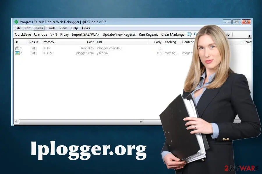 A Fiddler web debugger window listing an HTTPS tunnel to iplogger.com port 443 and a request to a short path that returned a 116-byte image, next to the heading Iplogger.org