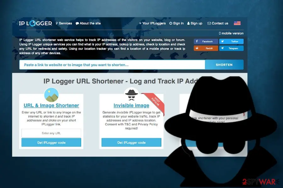The 2020 IP Logger home page: a Shorten button above three boxes for URL and image shortener, invisible image and a third service, beside a black spy silhouette