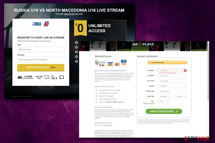 A live stream registration page offering free access, in front of a GoPlayz account verification form asking for a card number