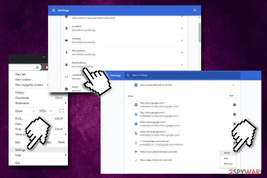 Chrome's settings in 2020: the menu, the Notifications entry, and a list of allowed sites with jokerlivestream.com and a menu offering Block, Edit and Remove