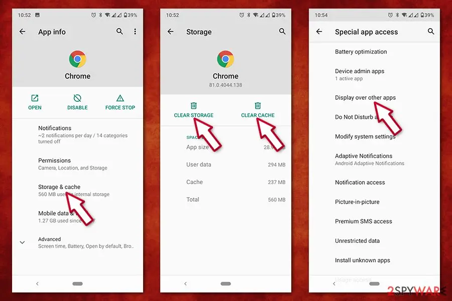 Three Android settings screens: Chrome's App info with Storage and cache highlighted, the Storage screen with Clear storage and Clear cache buttons, and the Special app access list with Display over other apps highlighted