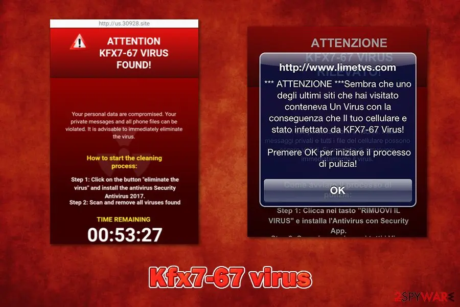 Two phone-sized fake alerts on a red background: a red page headed ATTENTION KFX7-67 VIRUS FOUND! with an address bar showing us.30928.site, a countdown timer and a Step 1 and Step 2 list, and an Italian dialog from www.limetvs.com with an OK button over a faded copy of the same page