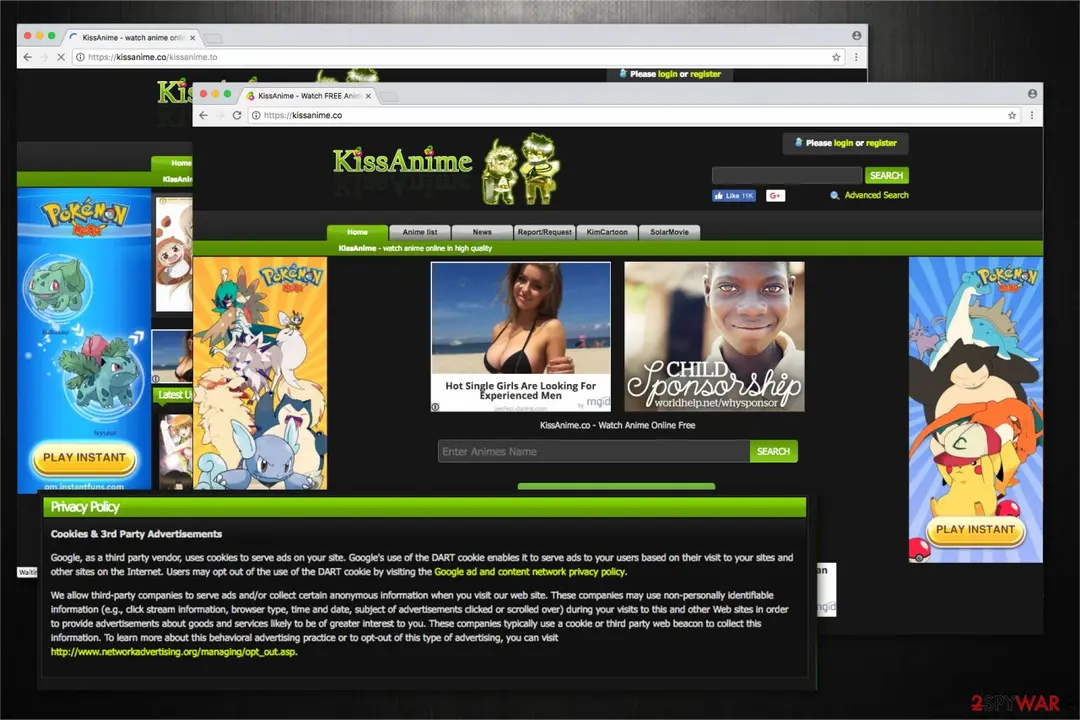 Two browser windows on a Kissanime page at kissanime.co with large game and dating ad banners and a cookie and third-party advertising policy box at the bottom