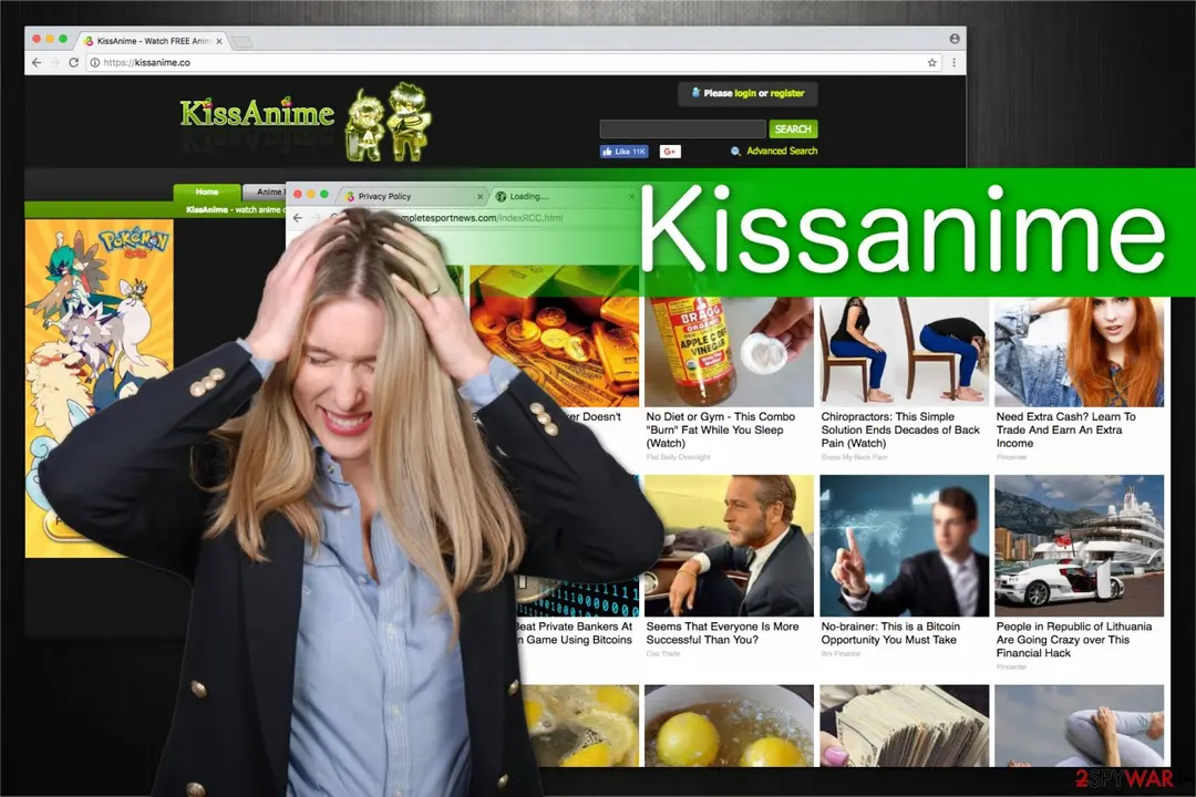 A Kissanime page with a second browser tab in front of it showing a grid of sponsored article ads