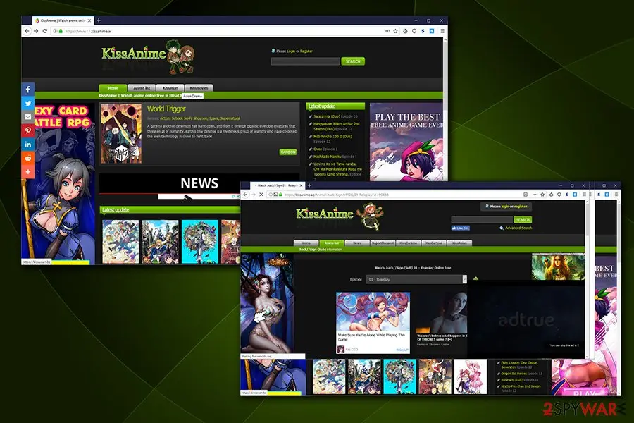 A Kissanime copy at kissanime.ai with an episode list, game banners at the sides and a dark video ad overlay in the lower right