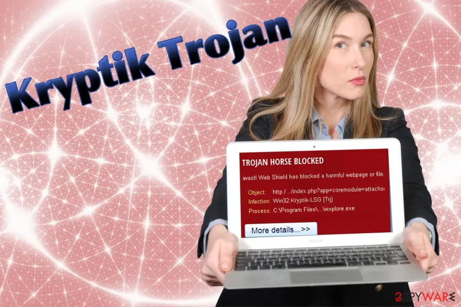 A staged photo of a woman holding a laptop that shows a red Trojan horse blocked message from the Avast Web Shield naming the infection Win32:Kryptik-LSG [Trj] and the process iexplore.exe, with the title Kryptik Trojan