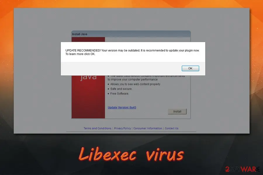 An Install Java page with a dialog saying UPDATE RECOMMENDED, your version may be outdated, and an OK button