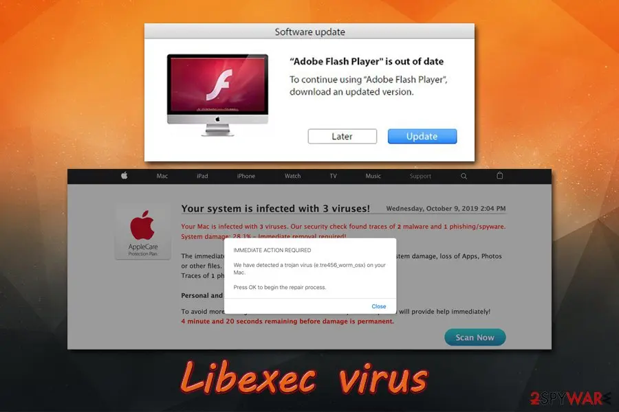 A fake Flash Player update dialog above a fake system infected page, the lures behind the Libexec virus