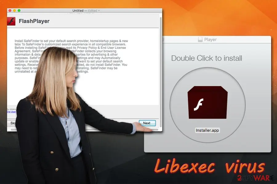 A FlashPlayer installer window offering to install SafeFinder to set the search provider and home page, next to a Double Click to install disk image