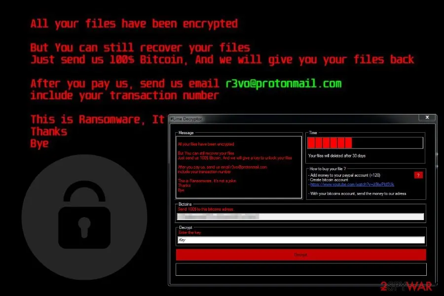 Red wallpaper text and the #Lime Decryptor window with a 30-day timer and a key field