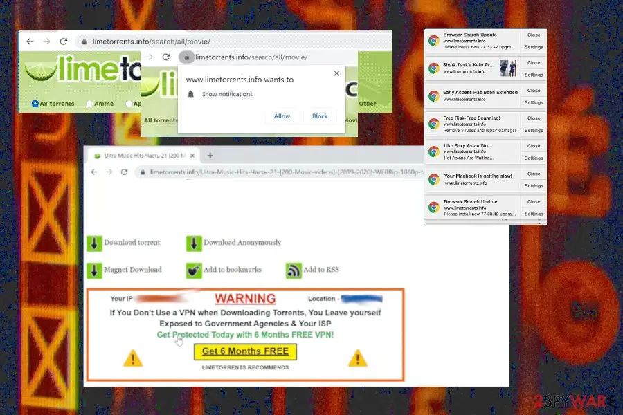 A torrent search page with a Chrome request to show notifications, a list of notifications from the site with fake update, scan and slow-Mac messages, and a download page with an orange VPN warning advert