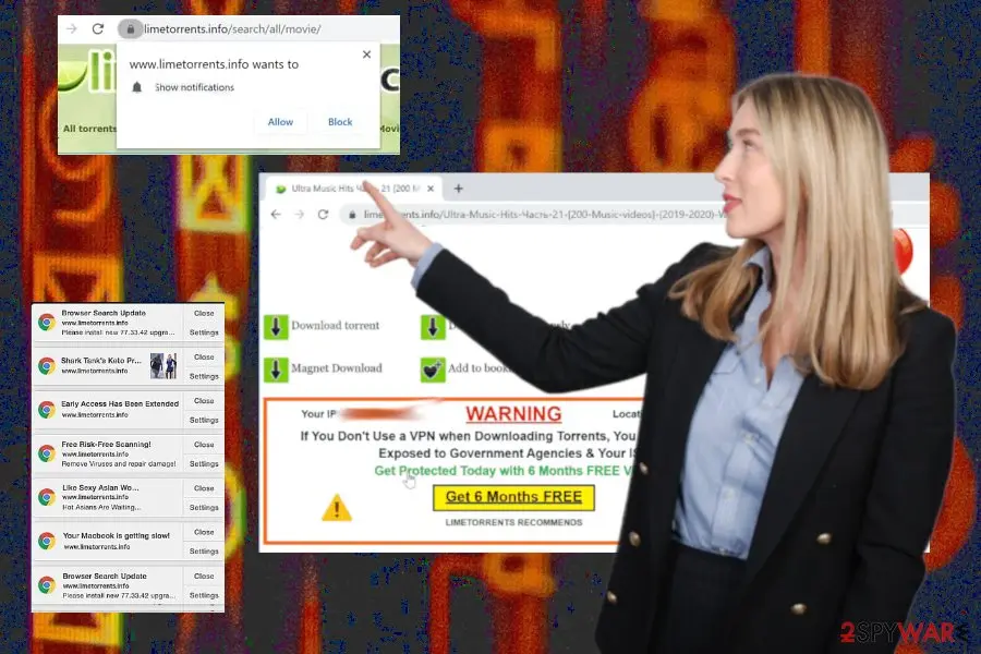A Chrome request to show notifications, a column of notifications from the site, and a download page with an orange VPN warning advert, with a stock photo of a woman pointing at it