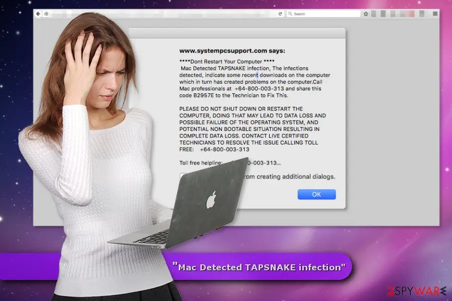 The same TAPSNAKE dialog behind a woman holding her head and looking at a laptop, with a purple banner reading Mac Detected TAPSNAKE infection