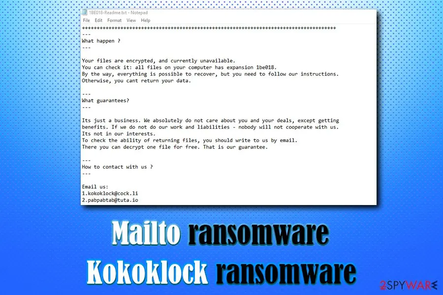 Mailto ransomware: kokoklock file locker