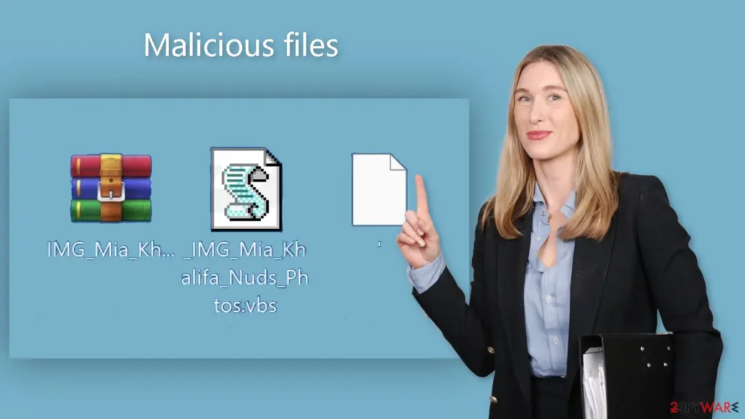 A ZIP archive icon, a script-file icon named like a photo set ending in .vbs, and a blank file icon with a one-character name, shown on a blue background next to a woman pointing at them