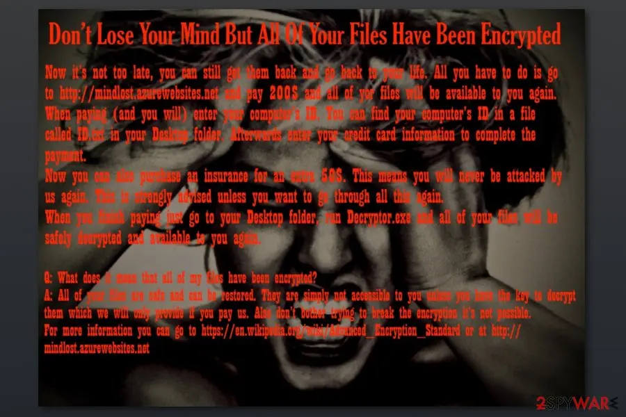 Screenshot of MindLost ransomware: virus