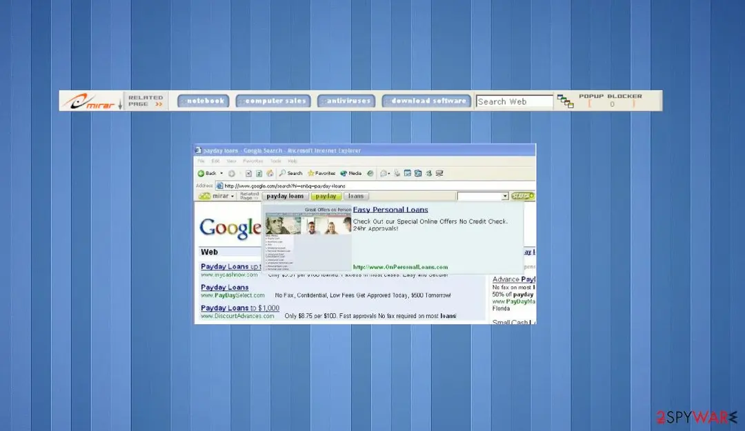 Screenshot of Mirar Toolbar: virus