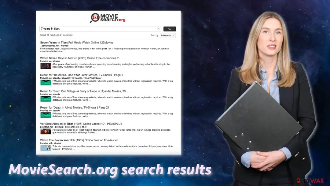 MovieSearch.org results for the words 7 years in tibet: ten results, the first from 123moviesfree.net and several from fmovies.to, next to a stock photo of a woman holding a folder