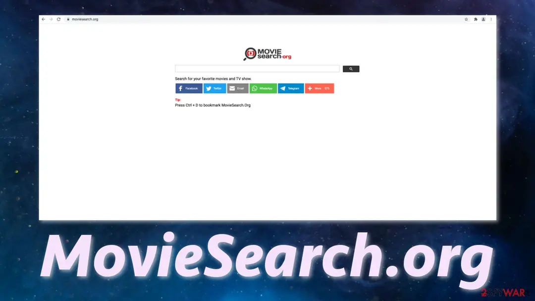 The MovieSearch.org page in a Chrome window: a red and grey magnifier logo, an empty search box, a row of share buttons, the line Search for your favorite movies and TV show and a tip to press Ctrl and D to bookmark the page