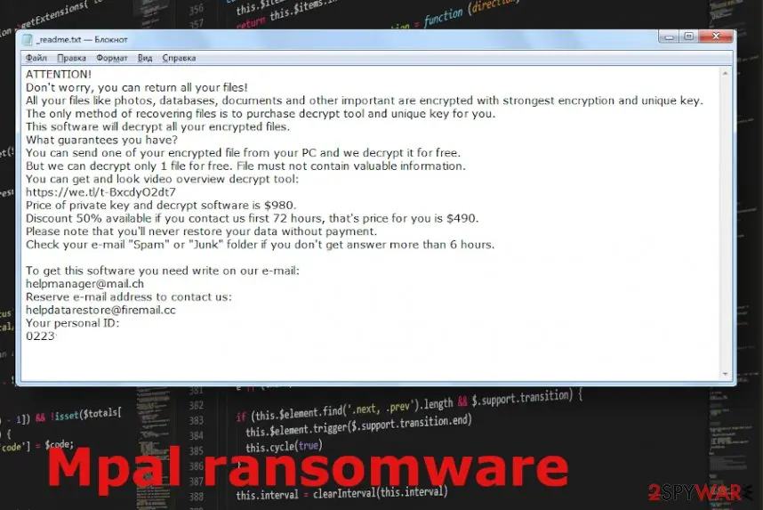Screenshot of Mpal ransomware: virus