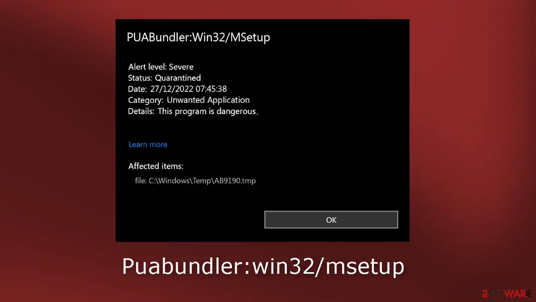 Screenshot of Puabundler:win32/msetup: msetup