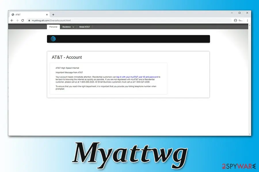 Chrome window on myattwg.att.com/UverseAccount.html showing an AT&T - Account page headed Important Message from AT&T