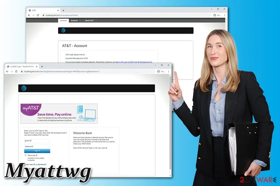 Two Chrome windows: the 2020 Myattwg notice page behind, and the myAT&T login page for paying bills online in front