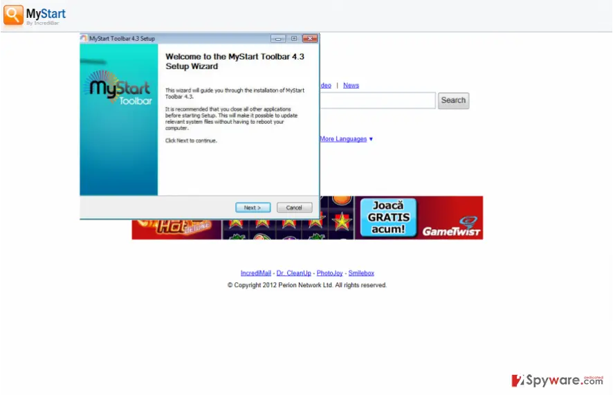 Screenshot of MyStart Toolbar: screenshot