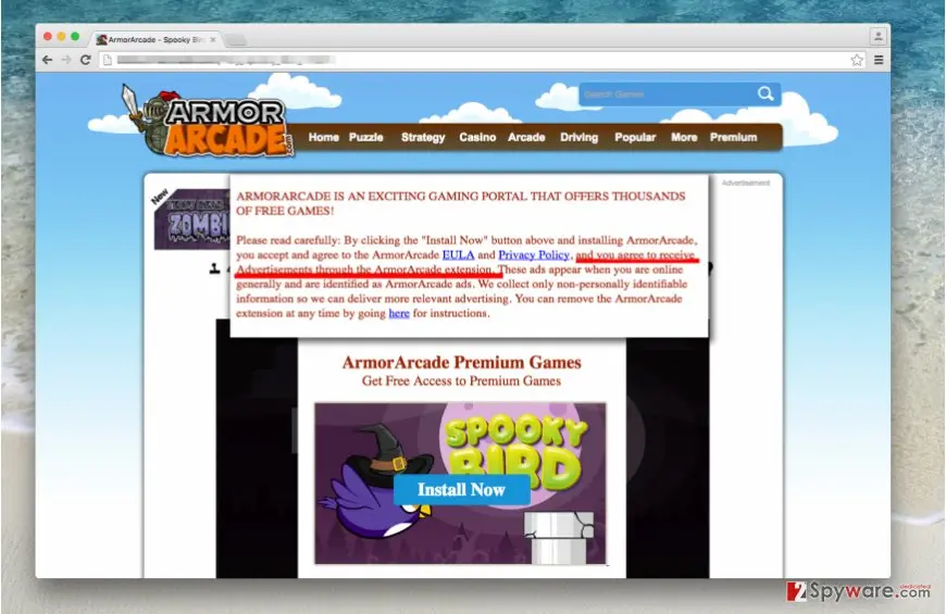 ArmorArcade ads: official website of armorarcade adware