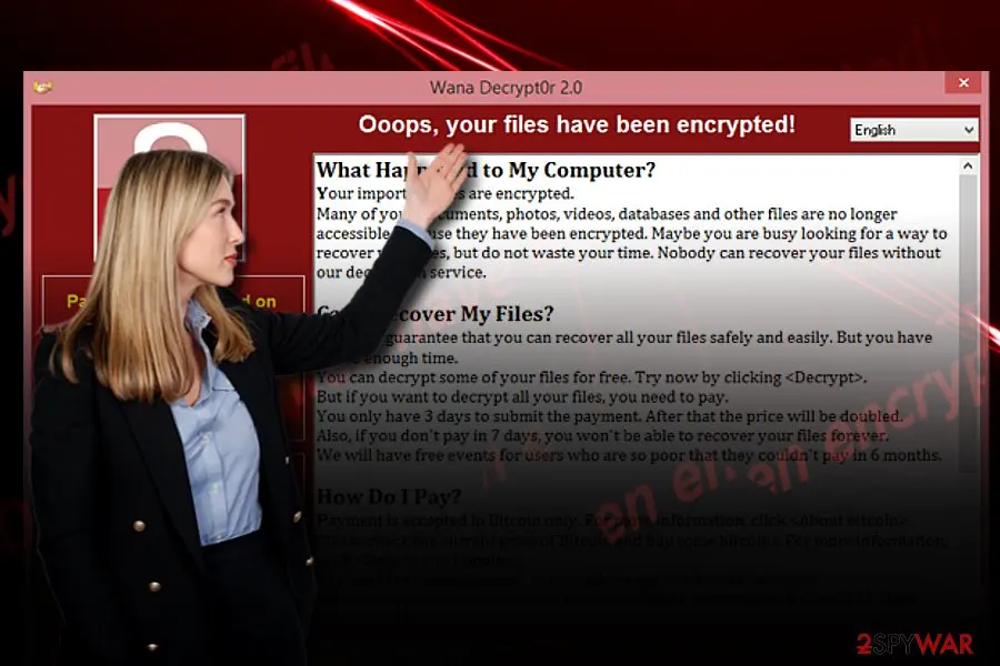 The Wana Decrypt0r 2.0 window with the headline Ooops, your files have been encrypted and the What Happened to My Computer text
