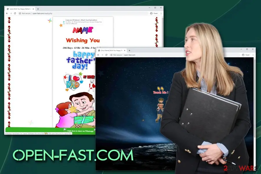 Two Chrome windows: a Father's Day card page with a green share bar, and a dark animated page with the words Touch Me