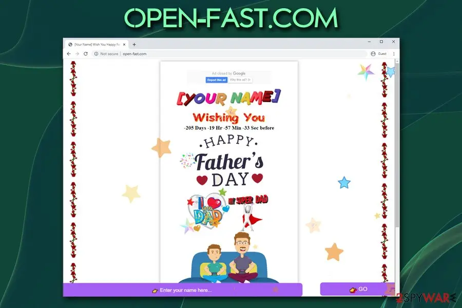 A Father's Day card page at open-fast.com with the heading Your Name Wishing You, a countdown and a box that says Enter your name here with a Go button