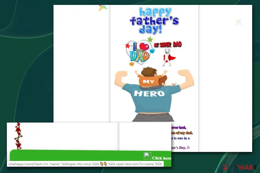 A Father's Day My Hero card with a green share bar and the whatsapp send link shown in the browser status bar