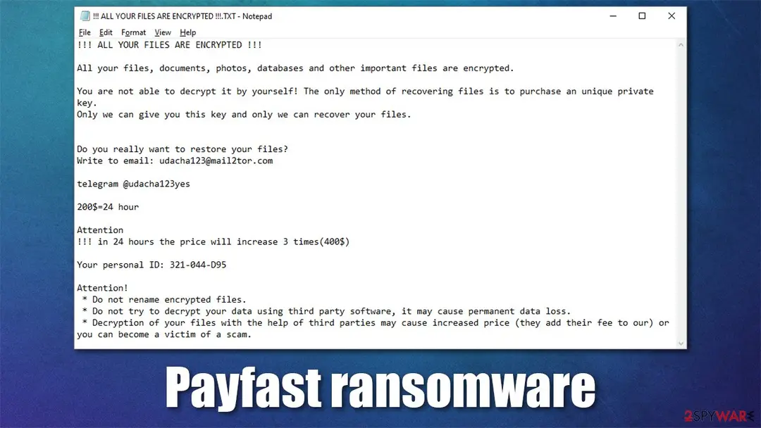 Screenshot of Payfast ransomware: virus