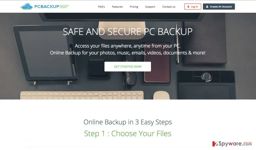 PC Backup 360 virus: pc backup 360 official website screenshot