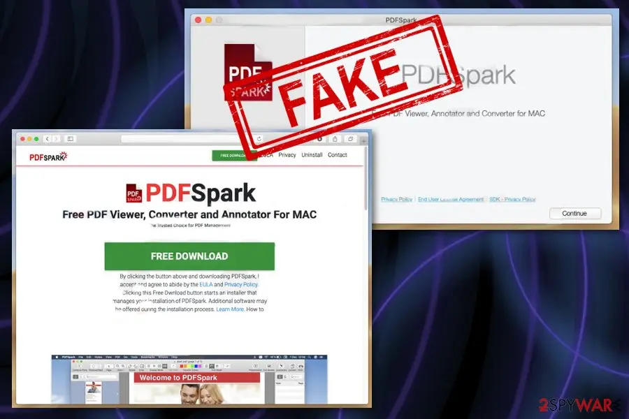 PDFSpark web page for Mac with a green Free Download button, and an installer window behind it with a red FAKE stamp across it