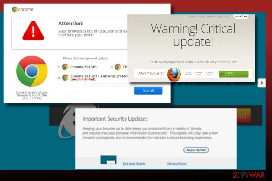 Three fake browser update boxes: a Chrome Attention box offering Chrome 23.1 SP2 plus Antivirus protection with an Install button, a Mozilla Warning Critical update box and an Important Security Update box with Apply Update