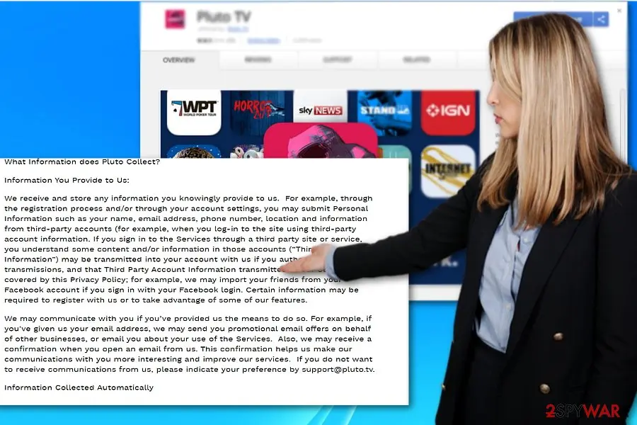 Excerpt of a Pluto TV privacy policy over a browser web store page for a Pluto TV extension, from our 2020 review