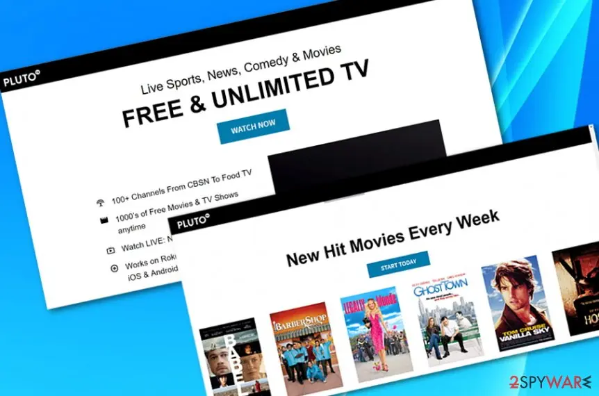 Two Pluto TV web pages from 2020, one offering free and unlimited TV with a Watch Now button and one listing new hit movies every week
