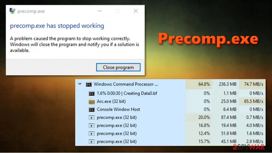 A Windows error window reading precomp.exe has stopped working, next to a Task Manager list of a command processor running Arc.exe, a task named Creating Data0.bf and four precomp.exe (32 bit) processes