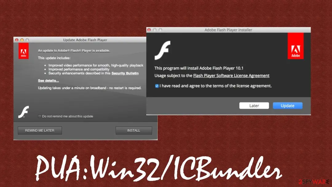 Two Mac-style windows: Update Adobe Flash Player with an Install button and Adobe Flash Player Installer, version 10.1, with Later and Update buttons, over the title PUA:Win32/ICBundler