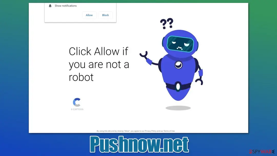 White page with the text Click Allow if you are not a robot, a drawn blue robot and a Show notifications box with Allow and Block buttons, with the label Pushnow.net
