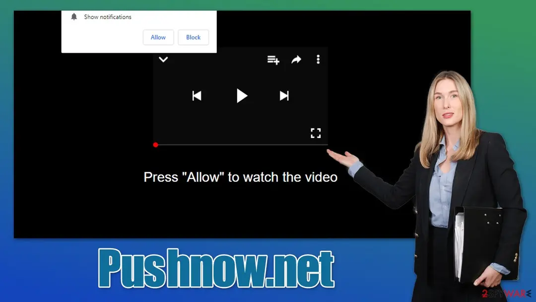 A black video player page with the text Press Allow to watch the video, a Show notifications box with Allow and Block buttons and a woman in a suit pointing at it, with the label Pushnow.net