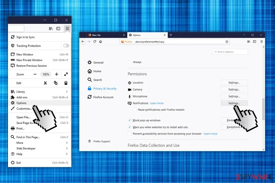 Firefox 2020 menu with Options highlighted and the Options page at Privacy and Security with the Notifications Settings button highlighted