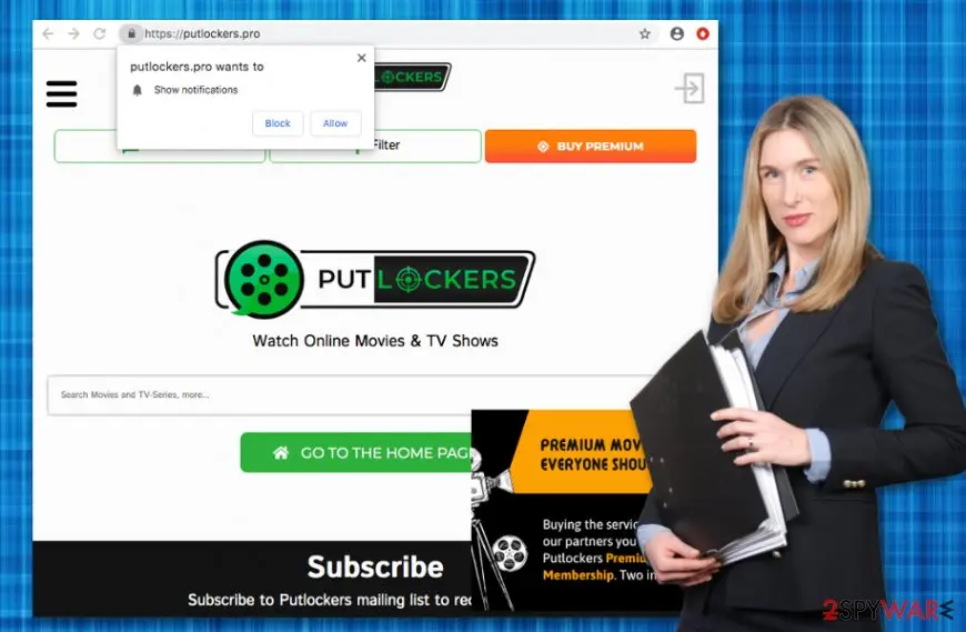 The putlockers.pro page in Chrome with a request to show notifications, and a banner reading Premium movies everyone should join, with a stock photo of a woman holding a black folder