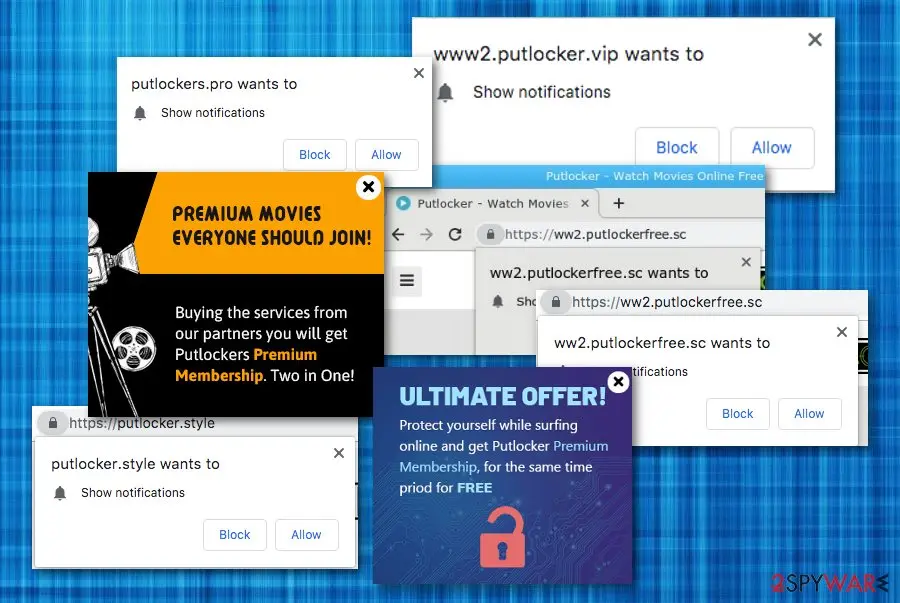 Five notification requests from putlockers.pro, www2.putlocker.vip, ww2.putlockerfree.sc and putlocker.style with Block and Allow buttons, and two adverts for a Putlocker Premium Membership