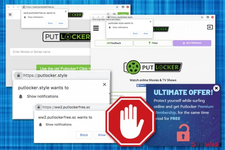 Several Chrome pop-ups from putlocker.style and ww2.putlockerfree.sc reading wants to show notifications with Block and Allow buttons, a stop-hand sign, and an advert reading Ultimate offer with Putlocker Premium Membership for free