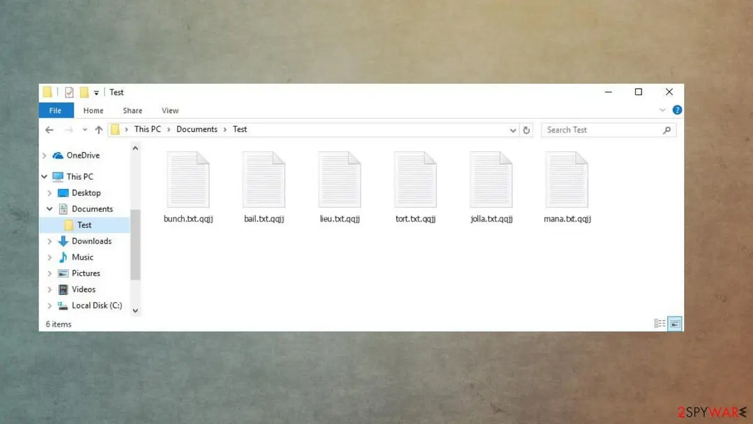 File Explorer window of a folder named Test on Windows 10 with six files whose names end in .txt.qqjj: bunch, bail, lieu, tort, jolla and mana